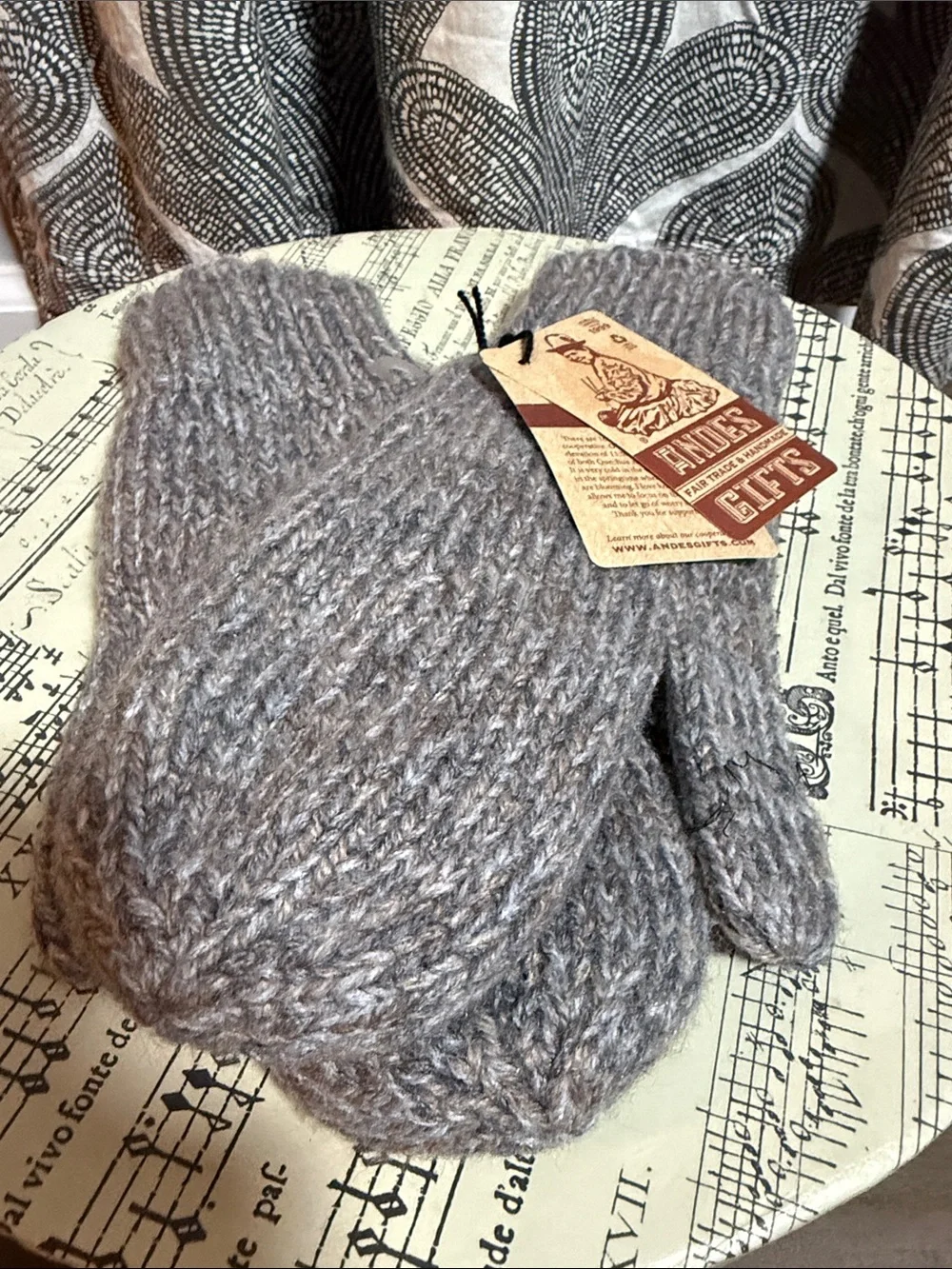 NWT Andes Gifts Hand-Knit Fleece-Lined Wool Mittens in Heather Gray, Size O/S